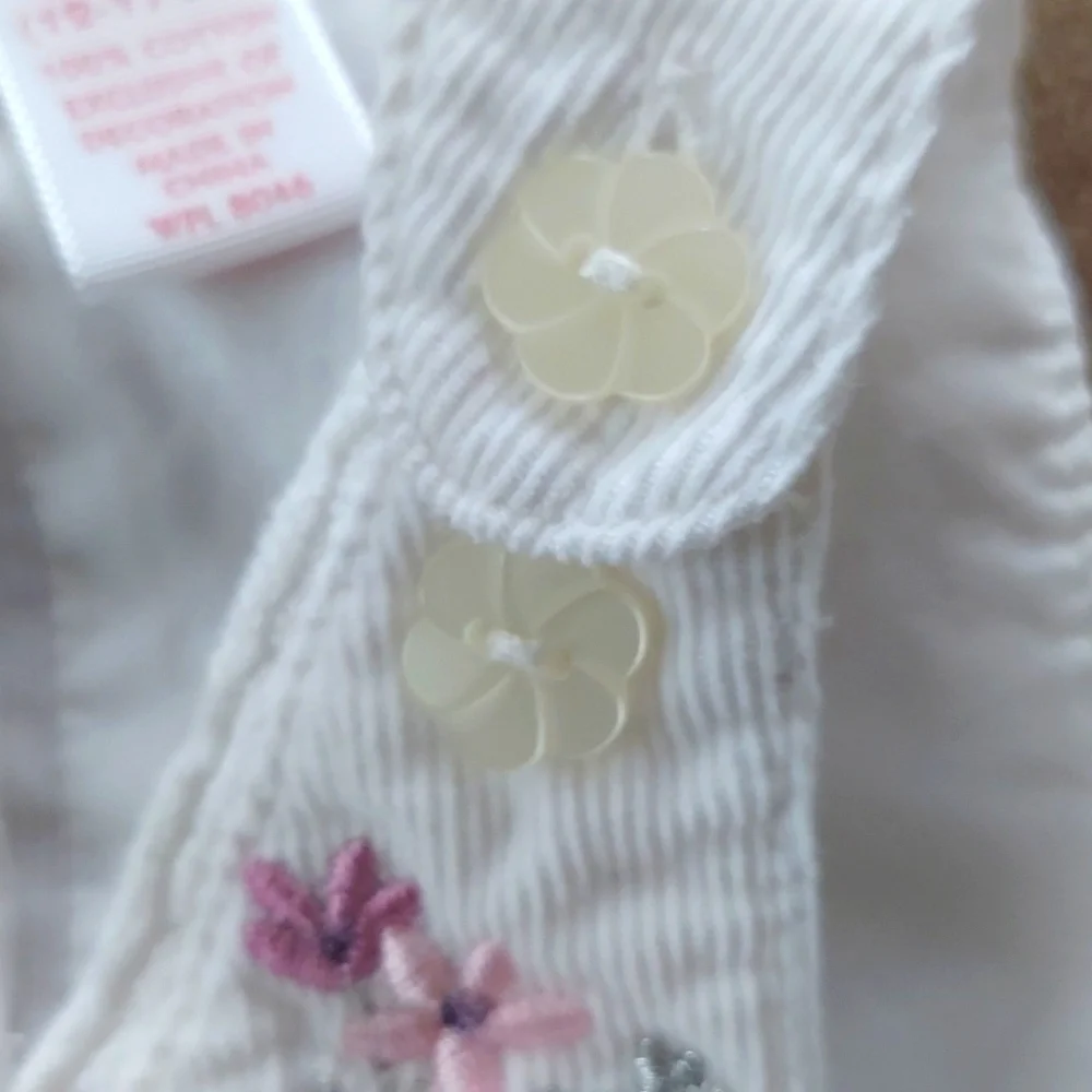 Baby Light weight overall with snap bottoms - white floral embroidery - 3/6 mos